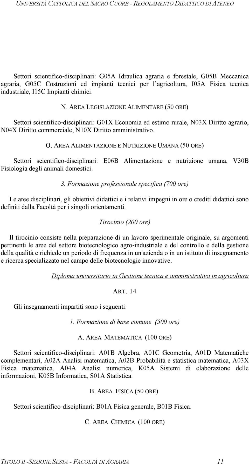 E) Settori scientifico-disciplinari: G01X Economia ed estimo rurale, N03X Diritto agrario, N04X Diritto commerciale, N10X Diritto amministrativo. O.