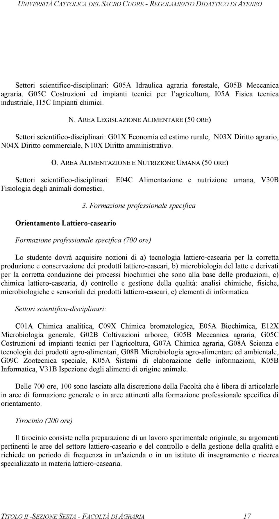 E) Settori scientifico-disciplinari: G01X Economia ed estimo rurale, N03X Diritto agrario, N04X Diritto commerciale, N10X Diritto amministrativo. O.