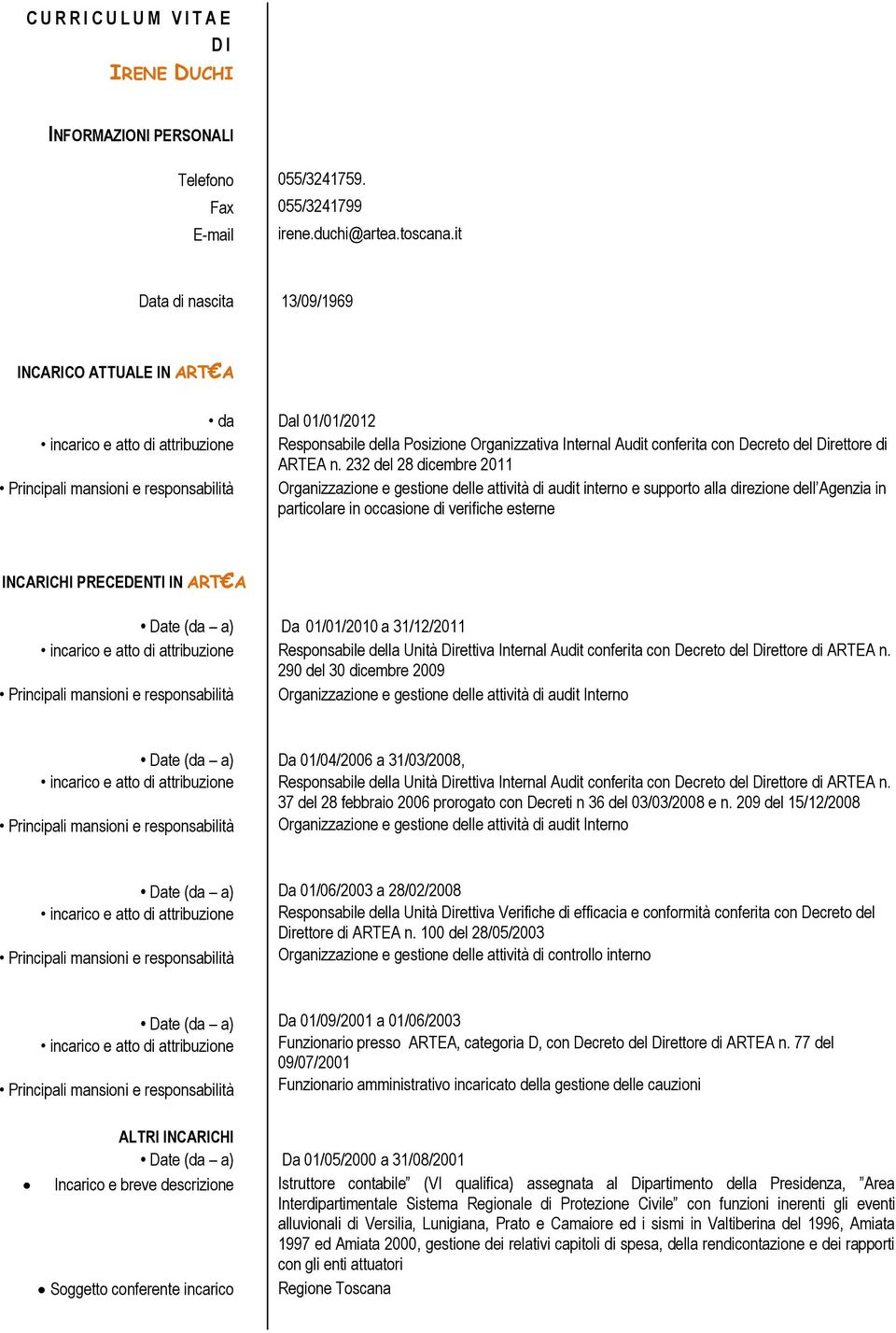 232 del 28 dicembre 2011 Orgaizzazioe e gestioe delle attività di audit itero e supporto alla direzioe dell Agezia i particolare i occasioe di verifiche estere INCARICHI PRECEDENTI IN ART A Da