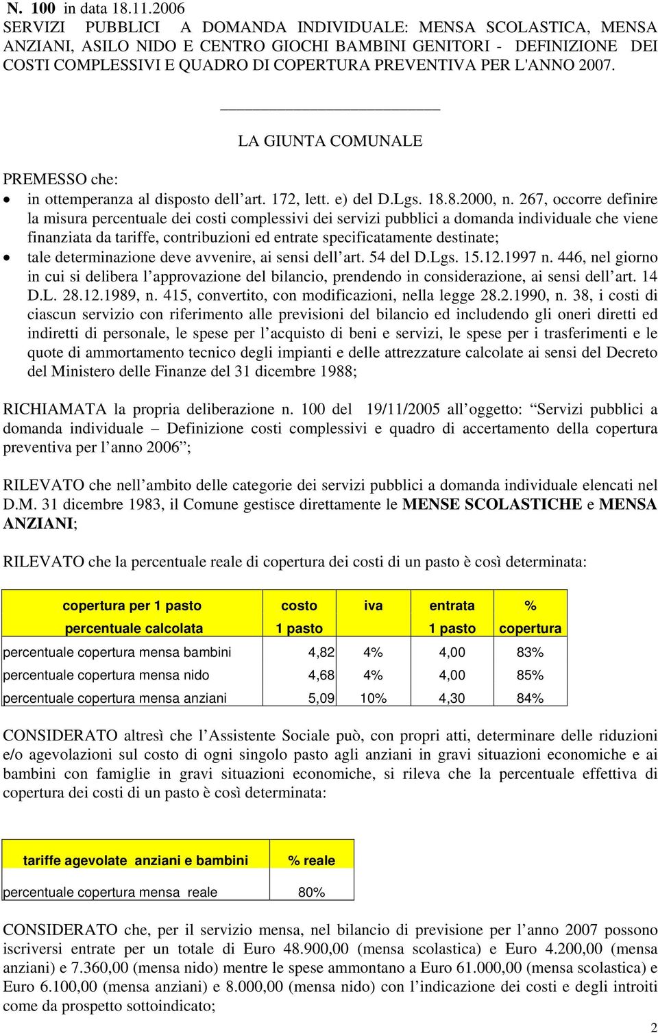 L'ANNO 2007. LA GIUNTA COMUNALE PREMESSO che: in ottemperanza al disposto dell art. 172, lett. e) del D.Lgs. 18.8.2000, n.