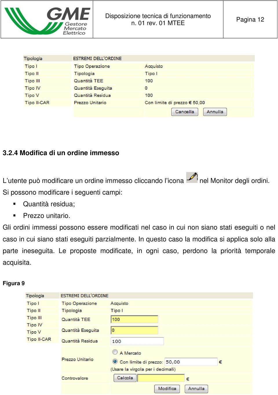 Si possono modificare i seguenti campi: Quantità residua; Prezzo unitario.