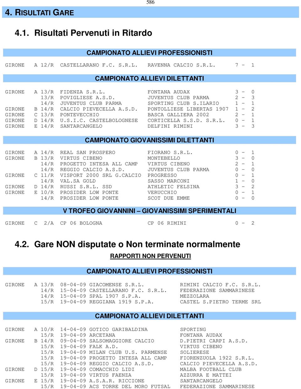 S.I.C. CASTELBOLOGNESE CORTICELLA S.S.D. S.R.L. 0-1 GIRONE E 14/R SANTARCANGELO DELFINI RIMINI 3-3 CAMPIONATO GIOVANISSIMI DILETTANTI GIRONE A 14/R REAL SAN PROSPERO FIORANO S.R.L. 0-1 GIRONE B 13/R VIRTUS CIBENO MONTEBELLO 3-0 14/R PROGETTO INTESA ALL CAMP VIRTUS CIBENO 2-1 14/R REGGIO CALCIO A.