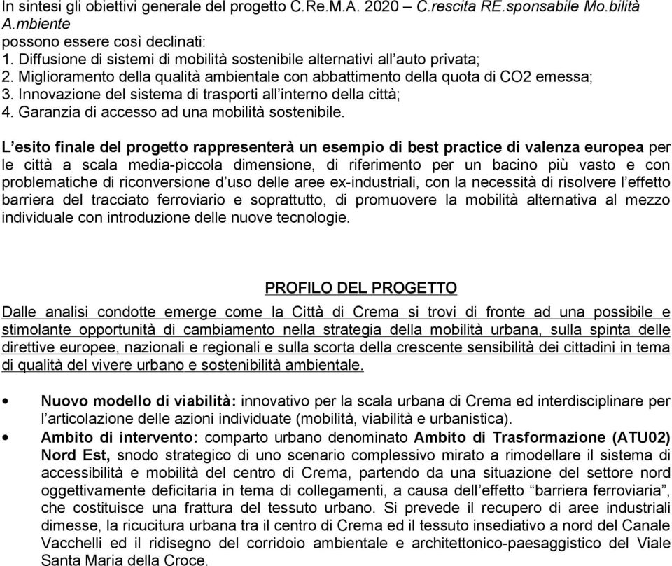 Innovazione del sistema di trasporti all interno della città; 4. Garanzia di accesso ad una mobilità sostenibile.