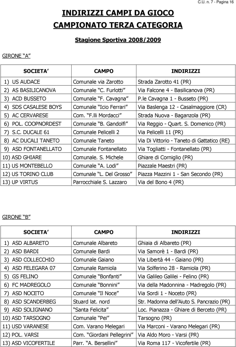 BASILICANOVA Comunale C. Furlotti Via Falcone 4 - Basilicanova (PR) 3) ACD BUSSETO Comunale F. Cavagna P.