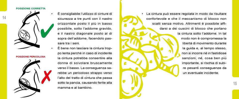 È bene non lasciare la cintura troppo lenta perché in caso di incidente la cintura potrebbe consentire alla donna di scivolare bruscamente verso il basso.