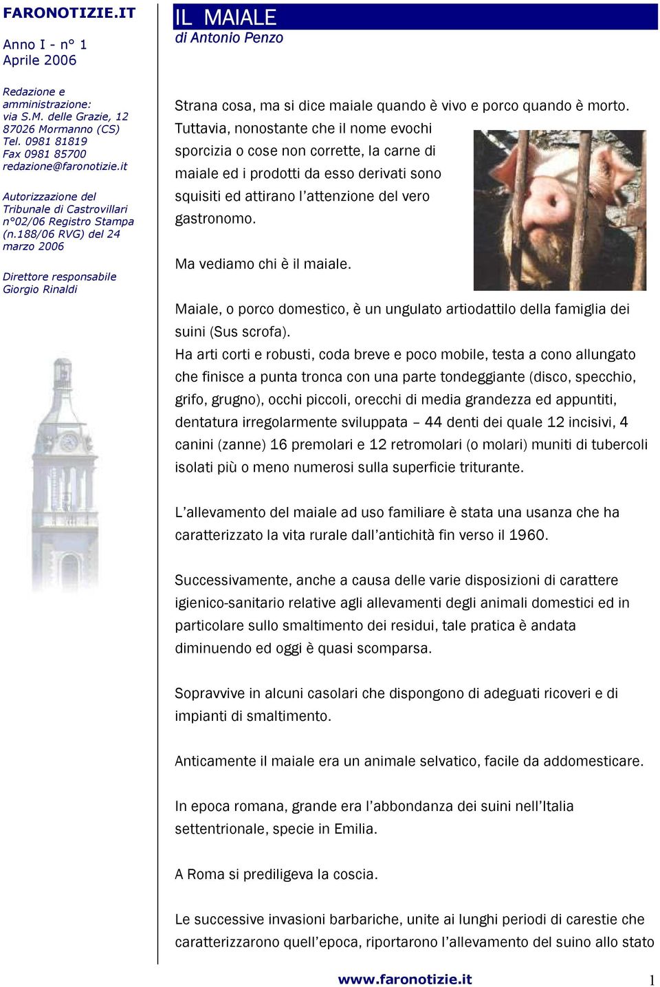 188/06 RVG) del 24 marzo 2006 Direttore responsabile Giorgio Rinaldi Strana cosa, ma si dice maiale quando è vivo e porco quando è morto.