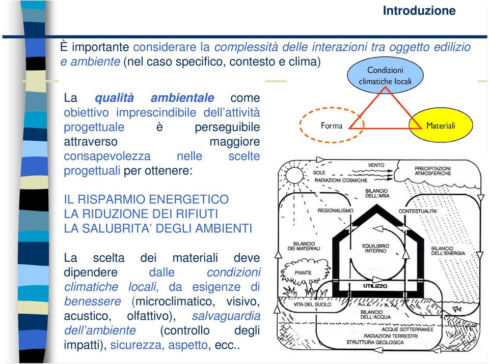 ottenere: IL RISPARMIO ENERGETICO LA RIDUZIONE DEI RIFIUTI LA SALUBRITA DEGLI AMBIENTI La scelta dei materiali deve dipendere dalle condizioni climatiche