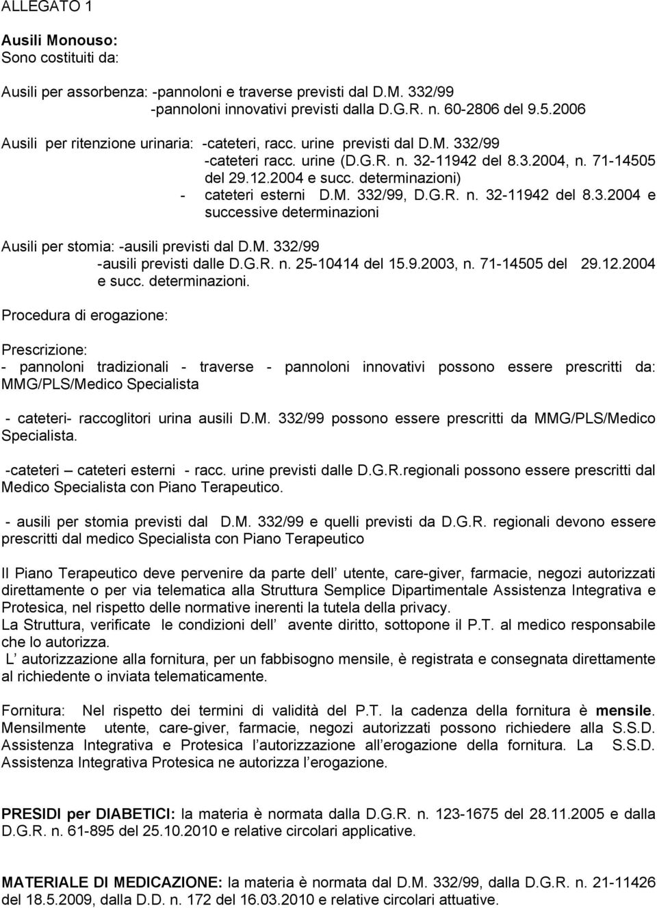 determinazioni) - cateteri esterni D.M. 332/99, D.G.R. n. 32-11942 del 8.3.2004 e successive determinazioni Ausili per stomia: -ausili previsti dal D.M. 332/99 -ausili previsti dalle D.G.R. n. 25-10414 del 15.