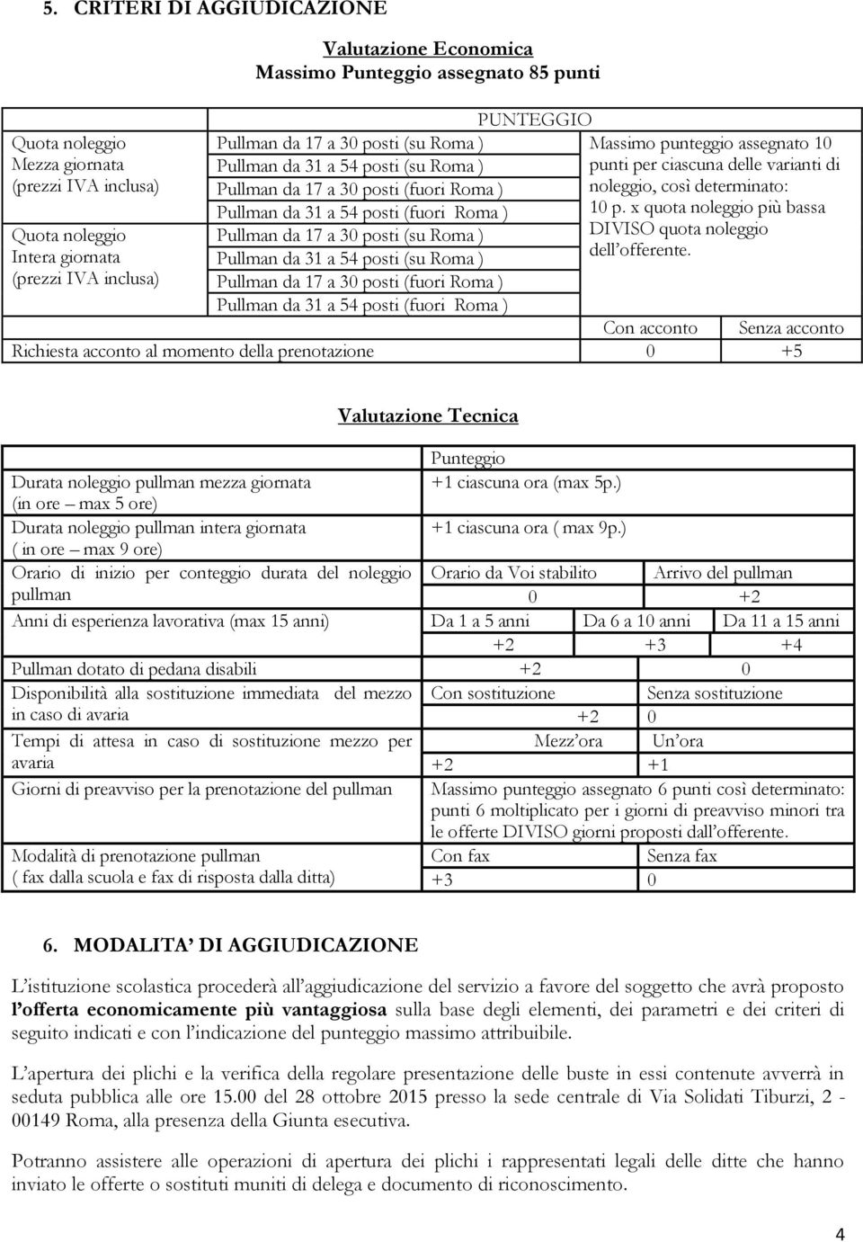 così determinato: Pullman da 31 a 54 posti (fuori Roma ) 10 p. x quota noleggio più bassa Pullman da 17 a 30 posti (su Roma ) DIVISO quota noleggio Pullman da 31 a 54 posti (su Roma ) dell offerente.