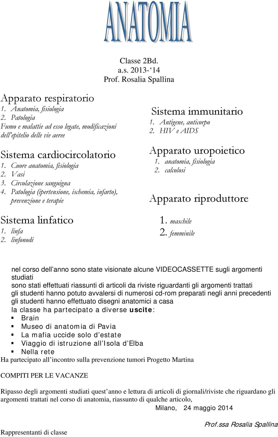 Patologia (ipertensione, ischemia, infarto), prevenzione e terapie Sistema linfatico 1. linfa 2. linfonodi Sistema immunitario 1. Antigene, anticorpo 2. HIV e AIDS Apparato uropoietico 1.