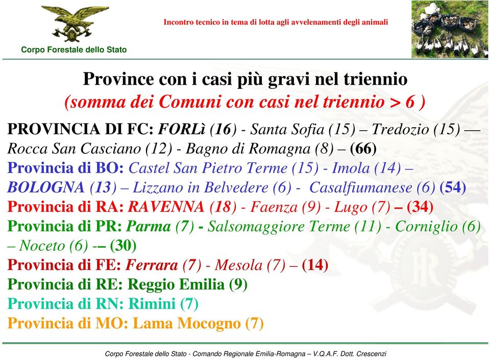 Casalfiumanese (6) (54) Provincia di RA: RAVENNA (18) - Faenza (9) - Lugo (7) (34) Provincia di PR: Parma (7) - Salsomaggiore Terme (11) - Corniglio (6)