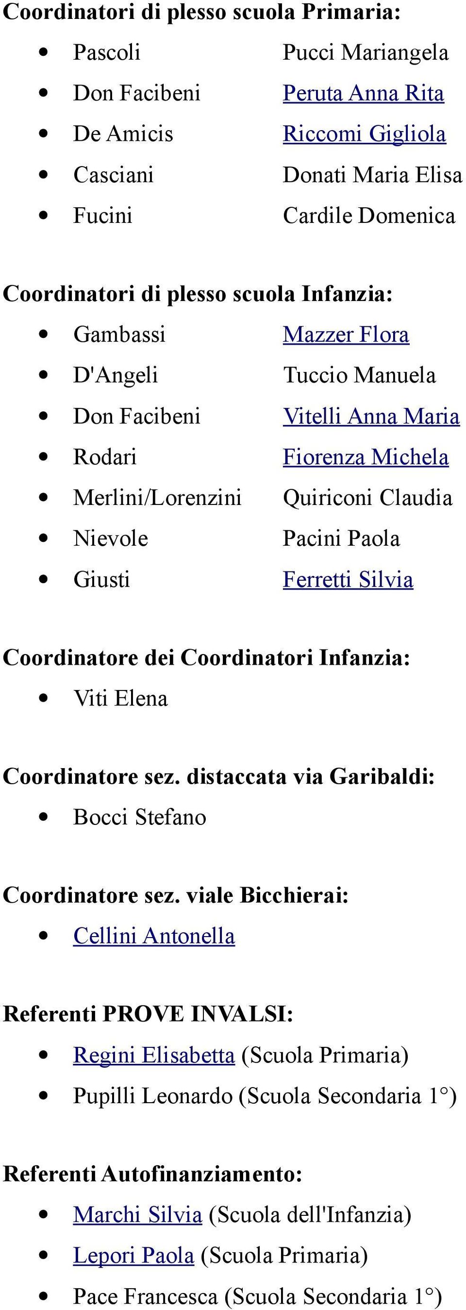 Coordinatore dei Coordinatori Infanzia: Viti Elena Coordinatore sez. distaccata via Garibaldi: Bocci Stefano Coordinatore sez.