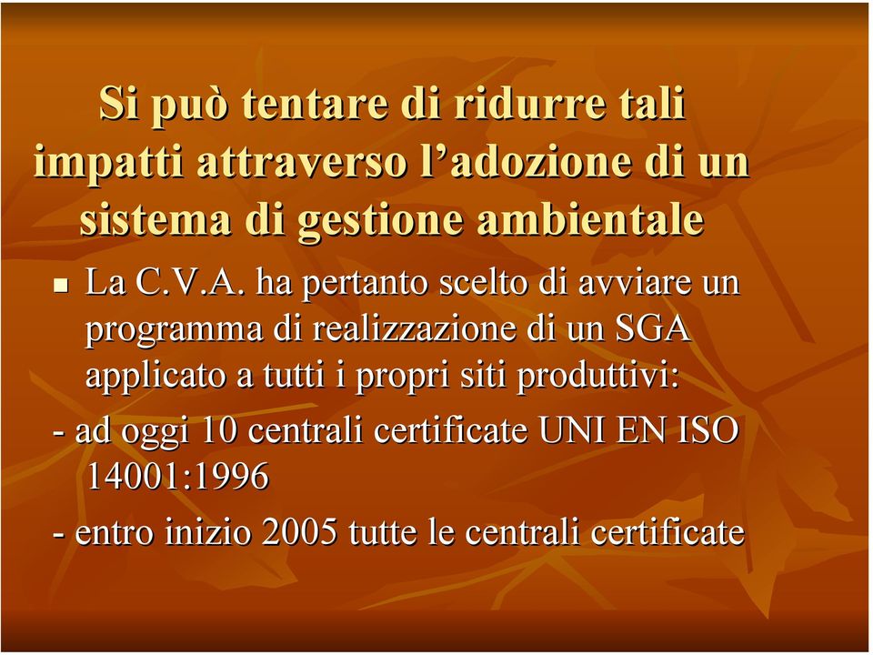 ha pertanto scelto di avviare un programma di realizzazione di un SGA applicato a