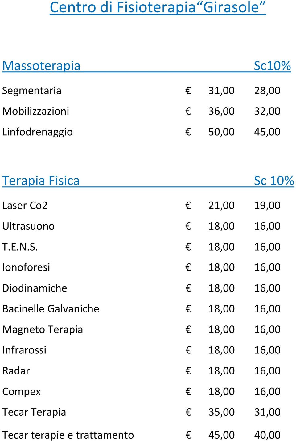 10% Laser Co2 21,00 19,00 Ultrasuono 18,00 16,00 T.E.N.S.