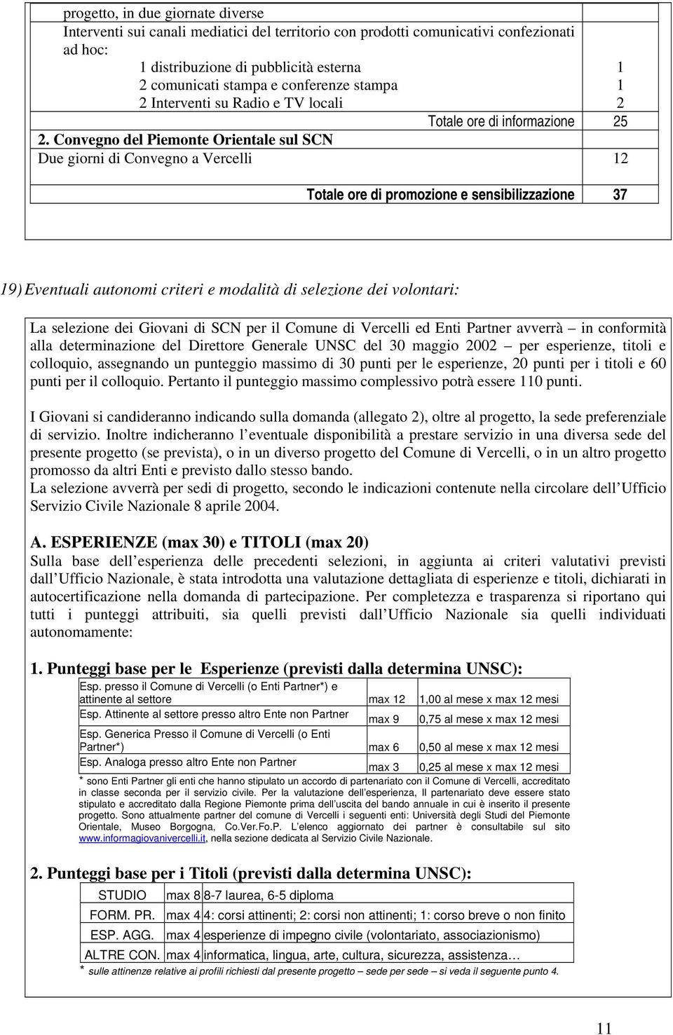 Convegno del Piemonte Orientale sul SCN Due giorni di Convegno a Vercelli 2 Totale ore di promozione e sensibilizzazione 37 9) Eventuali autonomi criteri e modalità di selezione dei volontari: La