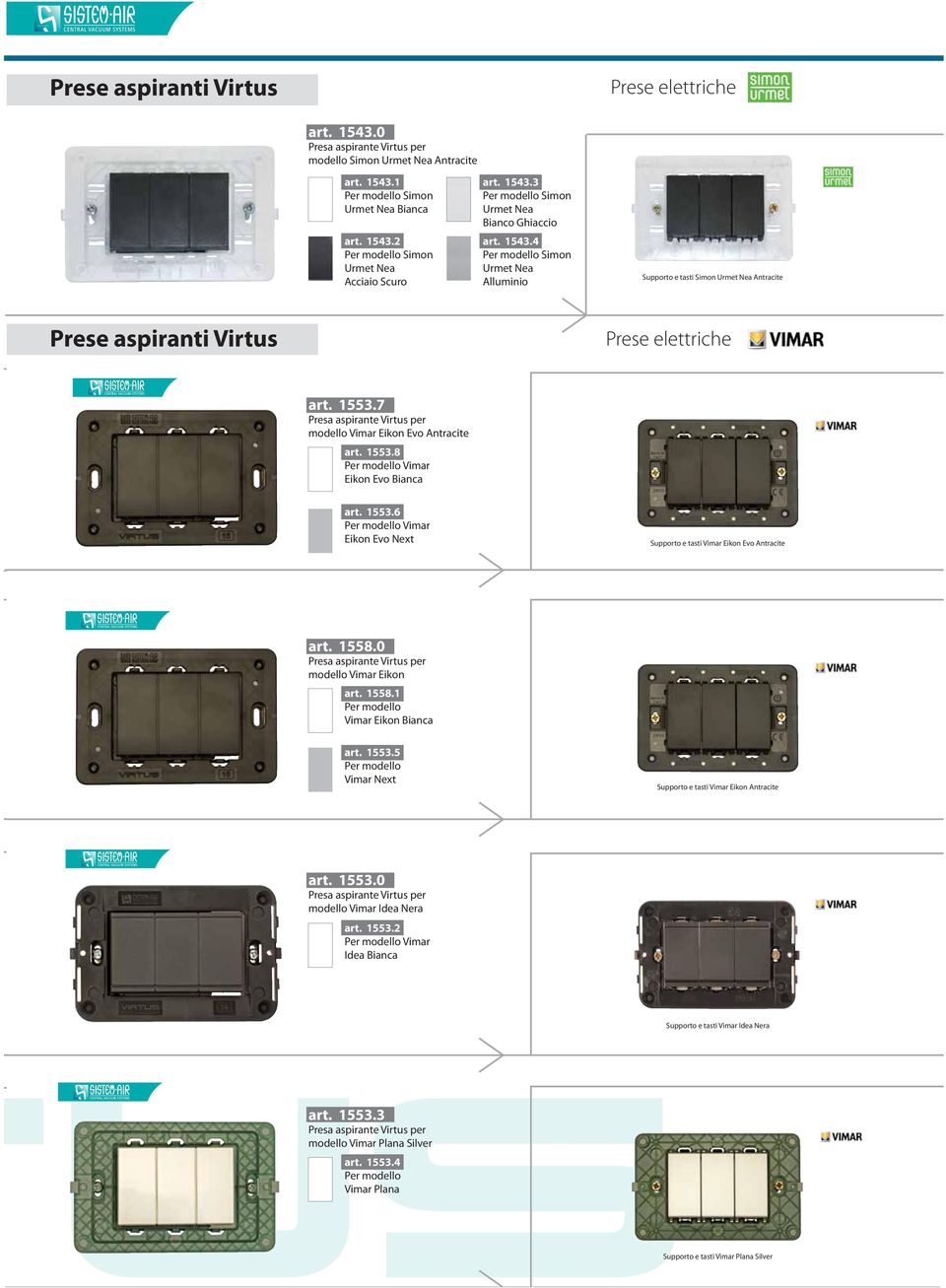 1553.6 Per modello Vimar Eikon Evo Next Supporto e tasti Vimar Eikon Evo Antracite art. 1558.0 modello Vimar Eikon art. 1558.1 Per modello Vimar Eikon Bianca art. 1553.