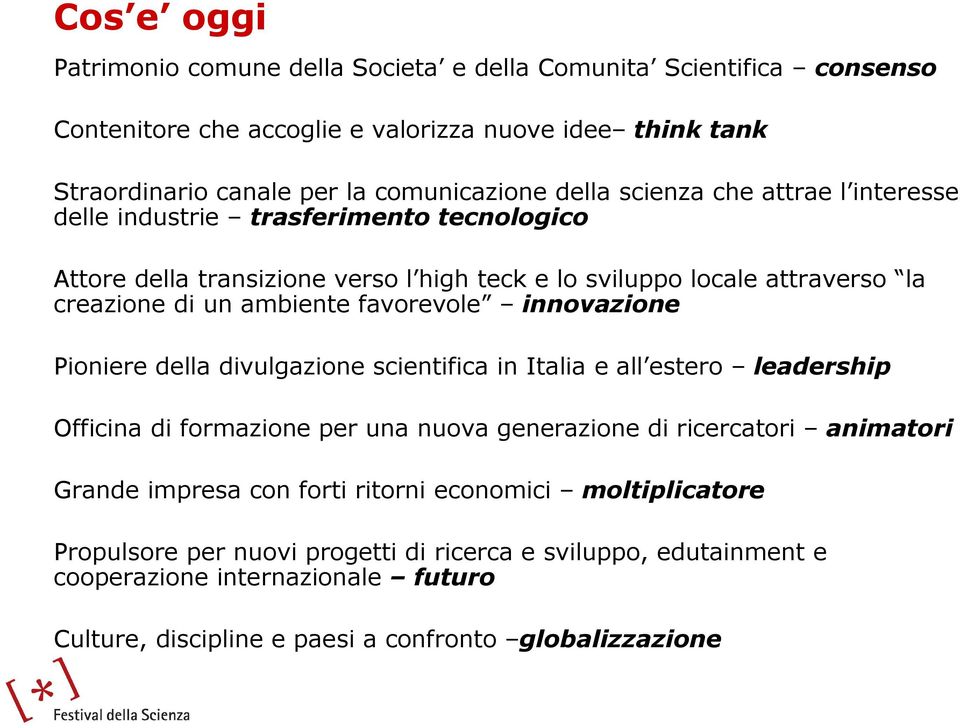 innovazione Pioniere della divulgazione scientifica in Italia e all estero leadership Officina di formazione per una nuova generazione di ricercatori animatori Grande impresa con forti