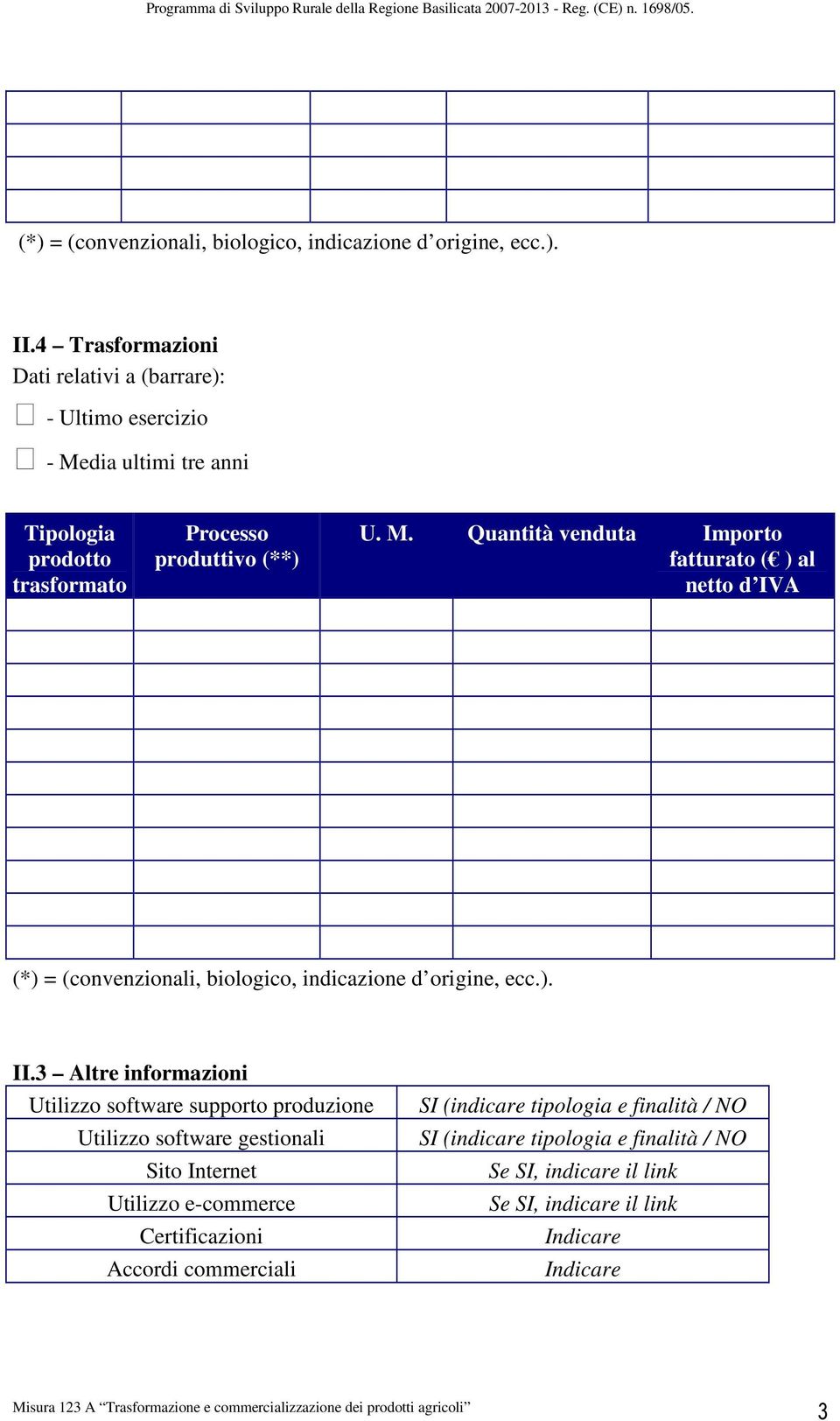 dia ultimi tre anni Tipologia prodotto trasformato Processo produttivo (**) U. M.