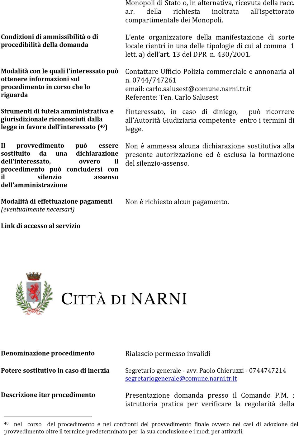 Modalità con le quali l interessato può Contattare Ufficio Polizia commerciale e annonaria al ottenere informazioni sul n. 0744/747261 procedimento in corso che lo email: carlo.salusest@comune.narni.