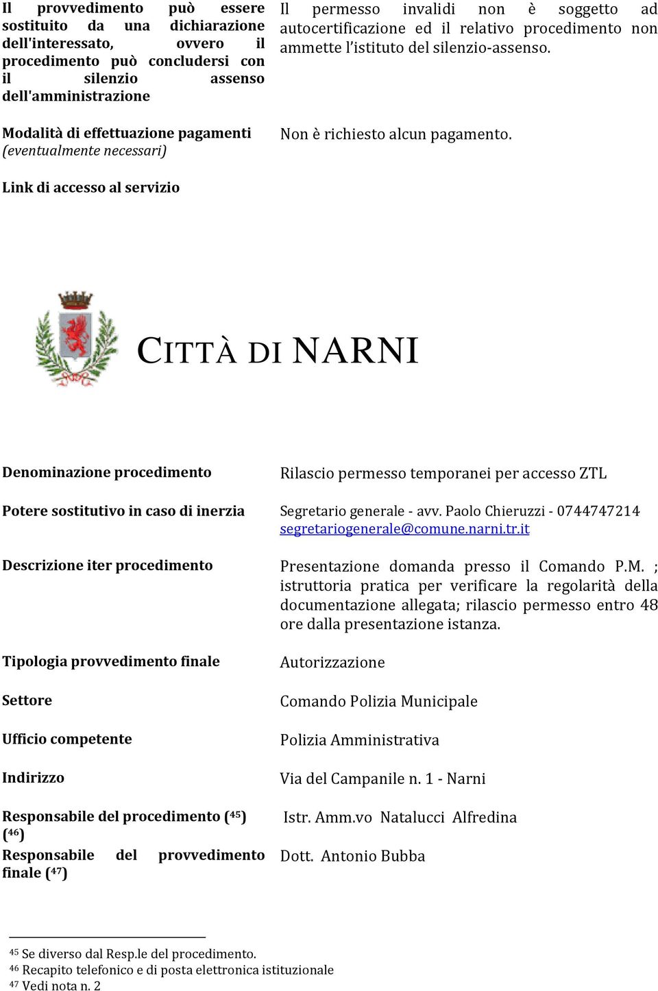 M. ; istruttoria pratica per verificare la regolarità della documentazione allegata; rilascio permesso entro 48 ore dalla presentazione istanza.