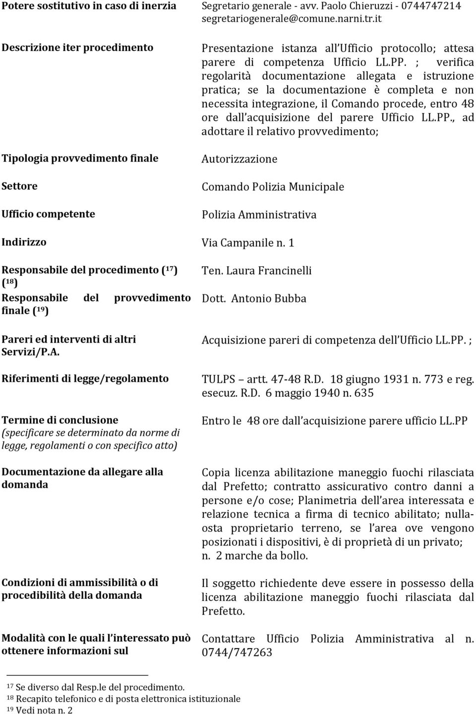 LL.PP., ad adottare il relativo provvedimento; Autorizzazione Polizia Amministrativa Indirizzo Via Campanile n.