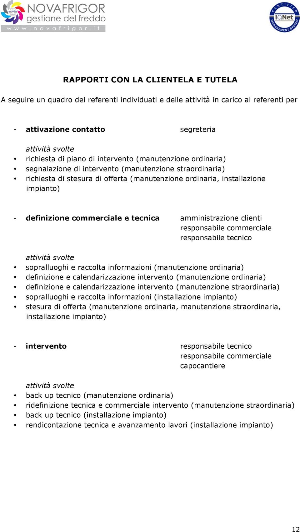 e tecnica amministrazione clienti responsabile commerciale responsabile tecnico attività svolte sopralluoghi e raccolta informazioni (manutenzione ordinaria) definizione e calendarizzazione