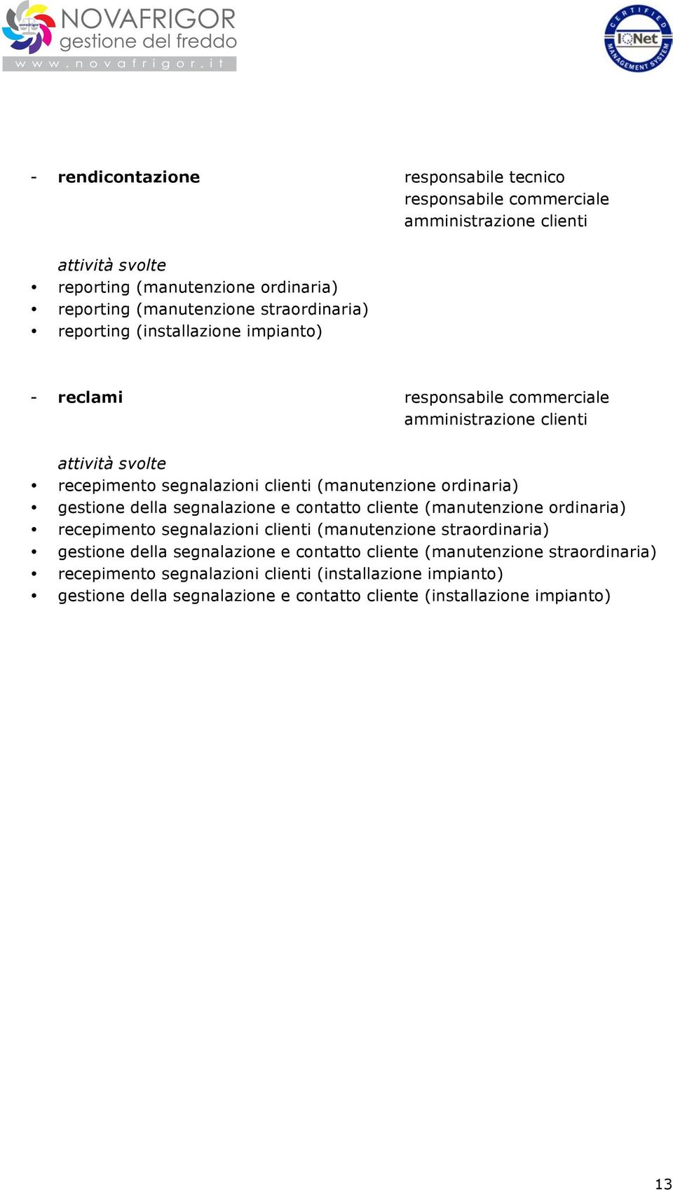 ordinaria) gestione della segnalazione e contatto cliente (manutenzione ordinaria) recepimento segnalazioni clienti (manutenzione straordinaria) gestione della