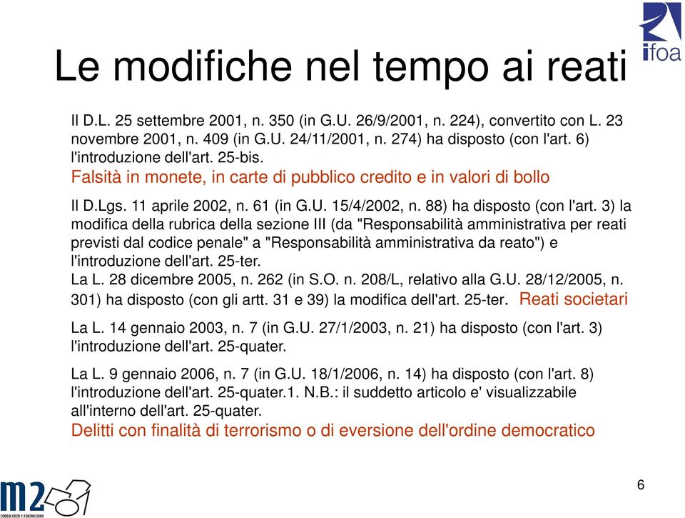 3) la modifica della rubrica della sezione III (da "Responsabilità amministrativa per reati previsti dal codice penale" a "Responsabilità amministrativa da reato") e l'introduzione dell'art. 25-ter.