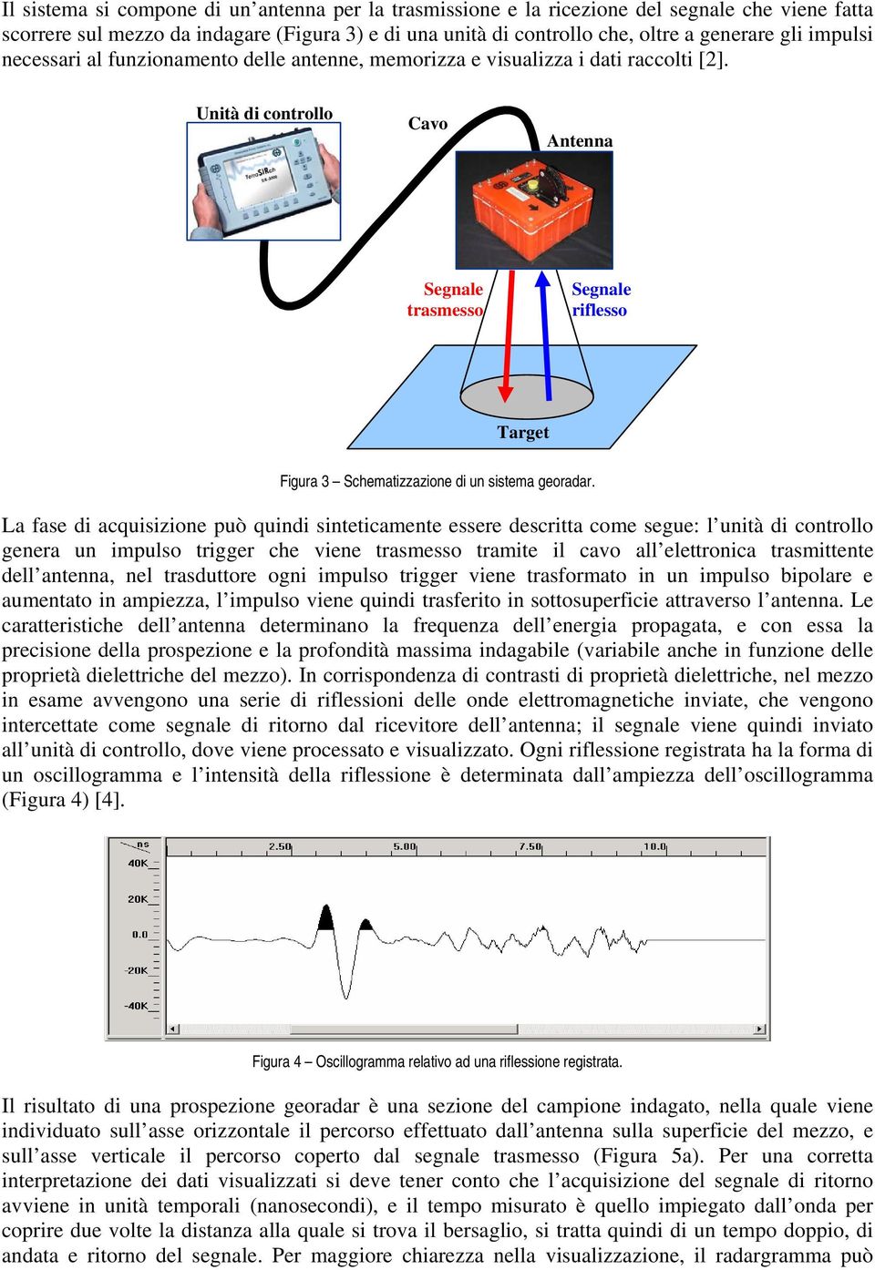 Unità di controllo Cavo Antenna Segnale trasmesso Segnale riflesso Target Figura 3 Schematizzazione di un sistema georadar.