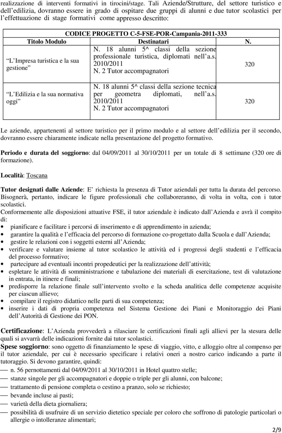 descritto: CODICE PROGETTO C-5-FSE-POR-Campania-2011-333 Titolo Modulo Destinatari N. N. 18 alunni 5^ classi della sezione or professionale turistica, diplomati nell a.s. L Impresa turistica e la sua 2010/2011 gestione N.