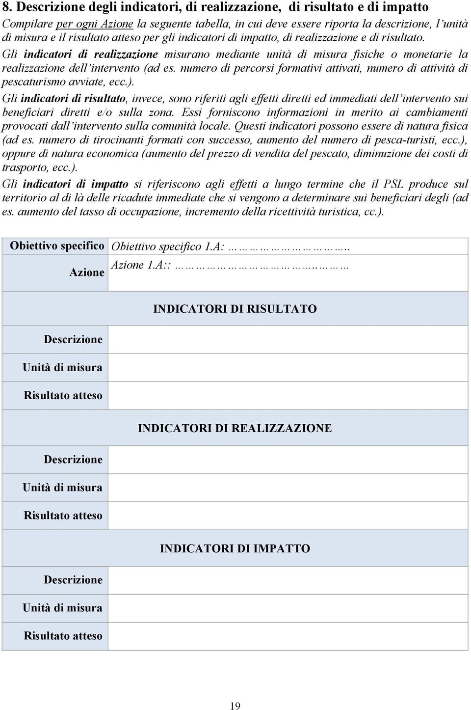 numero di percorsi formativi attivati, numero di attività di pescaturismo avviate, ecc.).