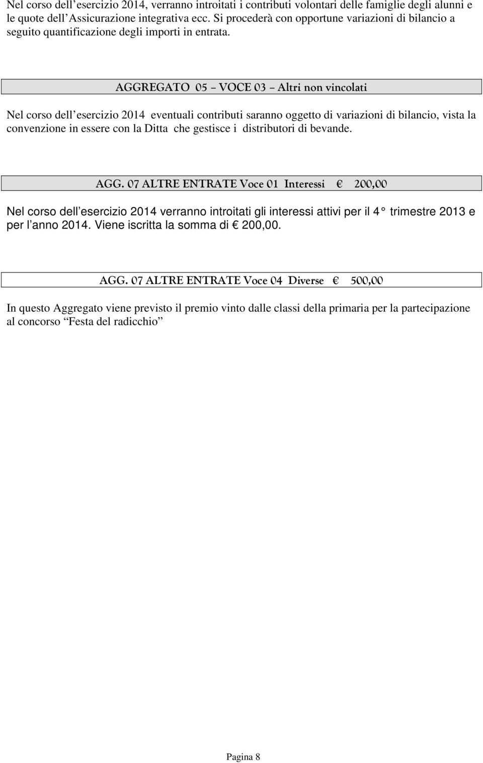 AGGREGATO 05 VOCE 03 Altri non vincolati Nel corso dell esercizio 2014 eventuali contributi saranno oggetto di variazioni di bilancio, vista la convenzione in essere con la Ditta che gestisce i