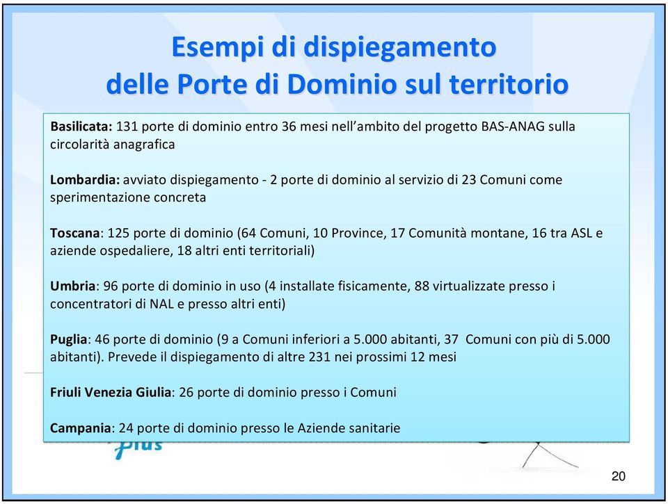 18 altri enti territoriali) Umbria: 96 porte di dominio in uso (4 installate fisicamente, 88 virtualizzate presso i concentratori di NAL e presso altri enti) Puglia: 46 porte di dominio (9 a Comuni