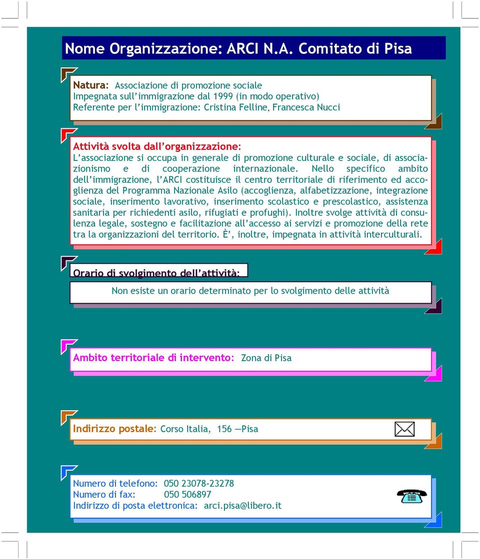 Comitato di Pisa Natura: Associazione di promozione sociale Impegnata sull immigrazione dal 1999 (in modo operativo) Referente per l immigrazione: Cristina Felline, Francesca Nucci Attività svolta