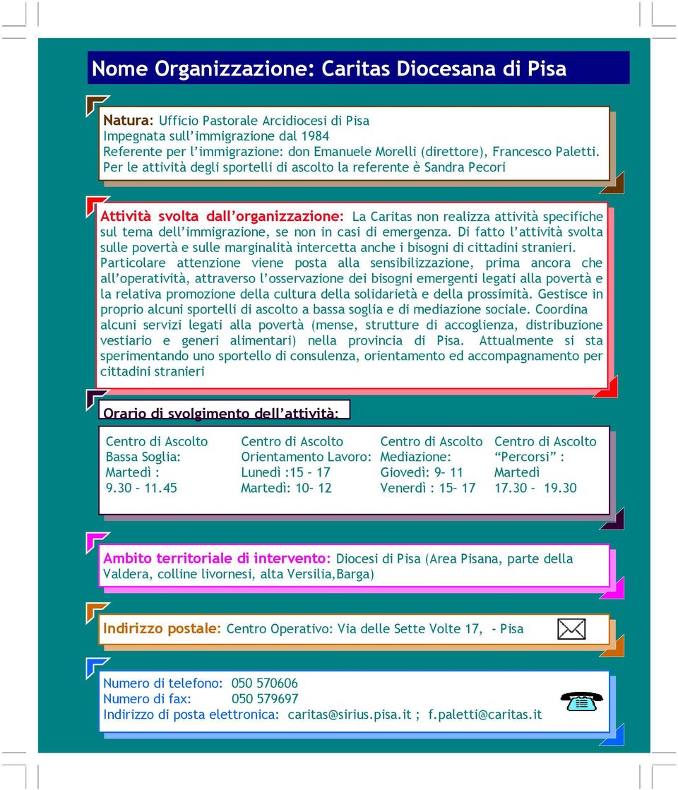 Per le attività degli sportelli di ascolto la referente è Sandra Pecori Attività svolta dall organizzazione: La Caritas non realizza attività specifiche sul tema dell immigrazione, se non in casi di