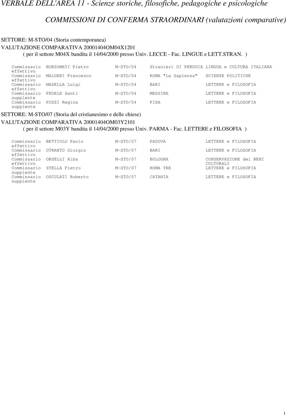 ) Commissario BORZOMATI Pietro M-STO/04 Stranieri DI PERUGIA LINGUA e CULTURA ITALIANA Commissario MALGERI Francesco M-STO/04 ROMA "La Sapienza" SCIENZE POLITICHE Commissario MASELLA Luigi M-STO/04