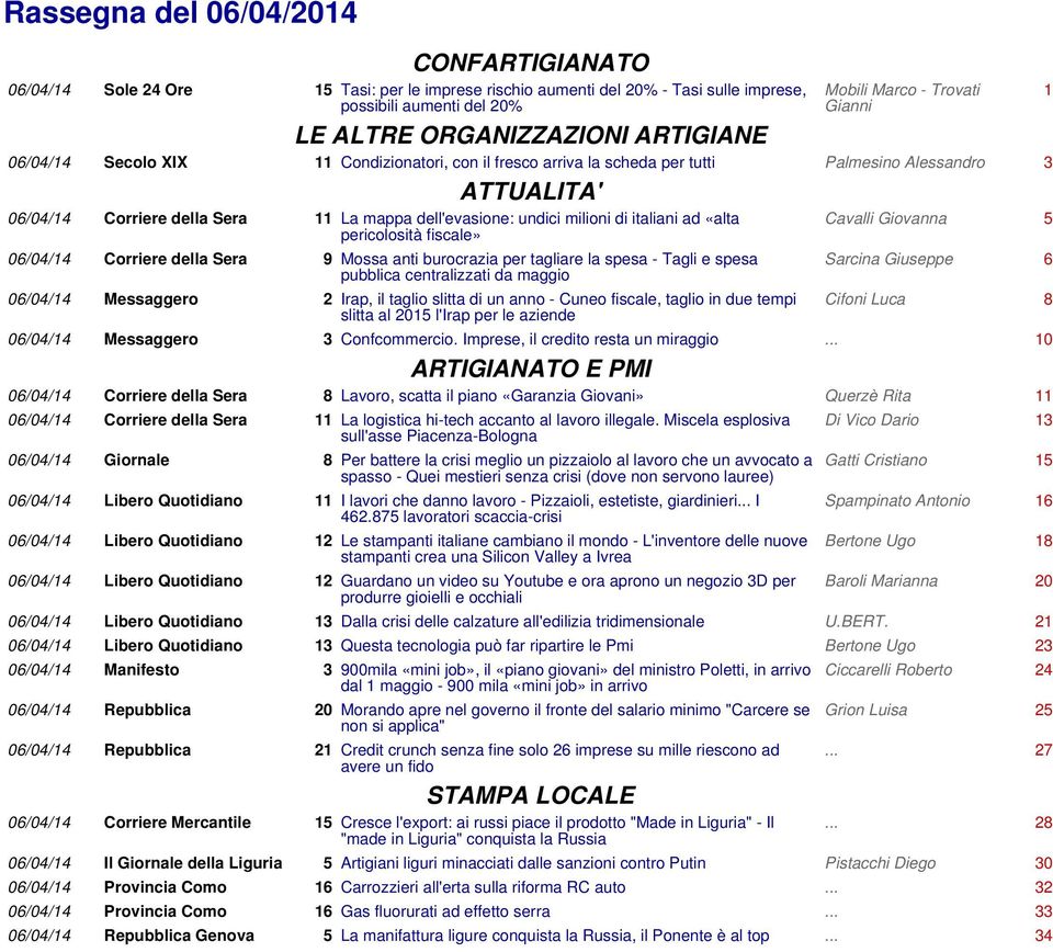 undici milioni di italiani ad «alta pericolosità fiscale» 06/04/14 Corriere della Sera 9 Mossa anti burocrazia per tagliare la spesa - Tagli e spesa pubblica centralizzati da maggio 06/04/14