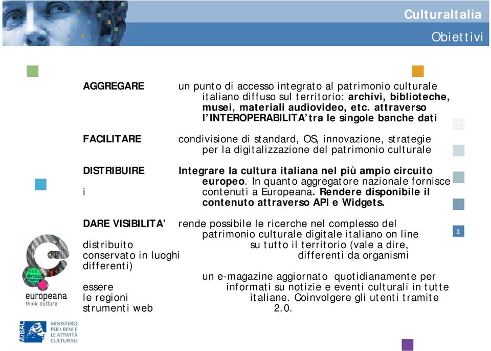 ampio circuito europeo. In quanto aggregatore nazionale fornisce contenuti a Europeana. Rendere disponibile il contenuto attraverso API e Widgets.