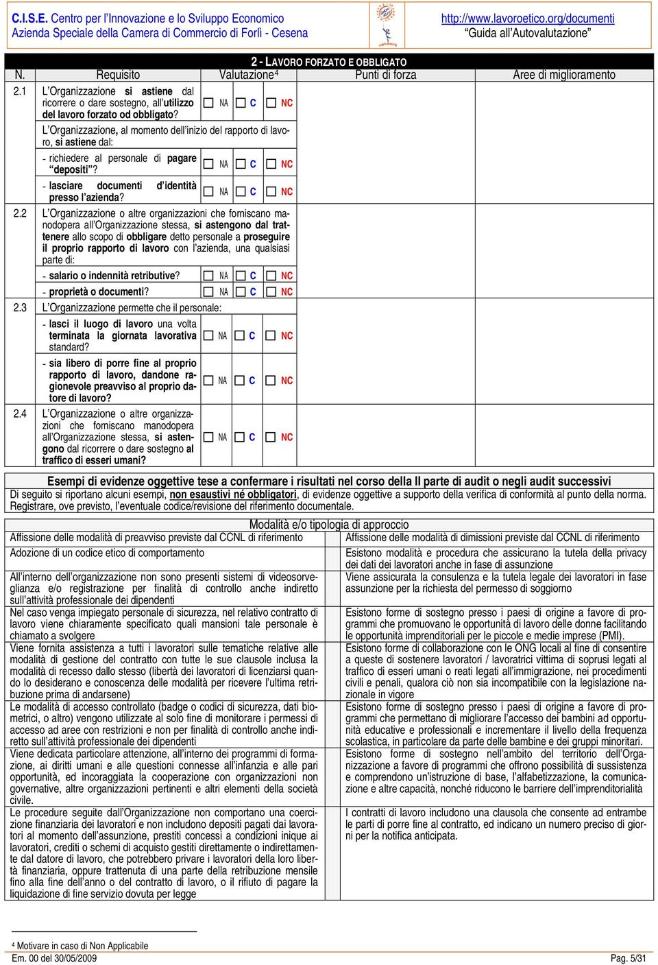 L Organizzazione, al momento dell inizio del rapporto di lavoro, si astiene dal: - richiedere al personale di pagare depositi? - lasciare documenti d identità presso l azienda? 2.