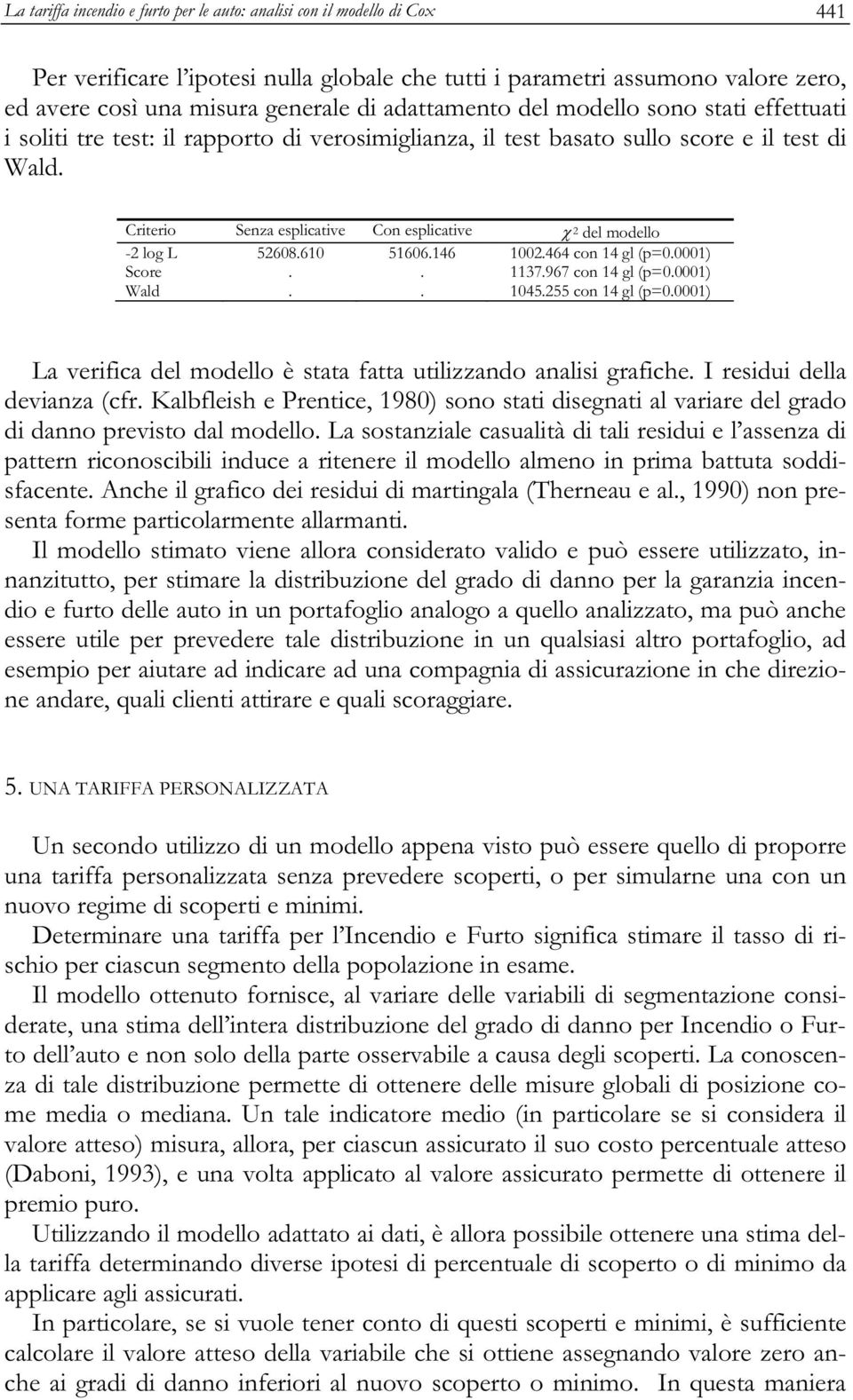 Criterio Senza esplicative Con esplicative 2 del modello -2 log L 52608.610 51606.146 1002.464 con 14 gl (p=0.0001) Score.. 1137.967 con 14 gl (p=0.0001) Wald.. 1045.255 con 14 gl (p=0.