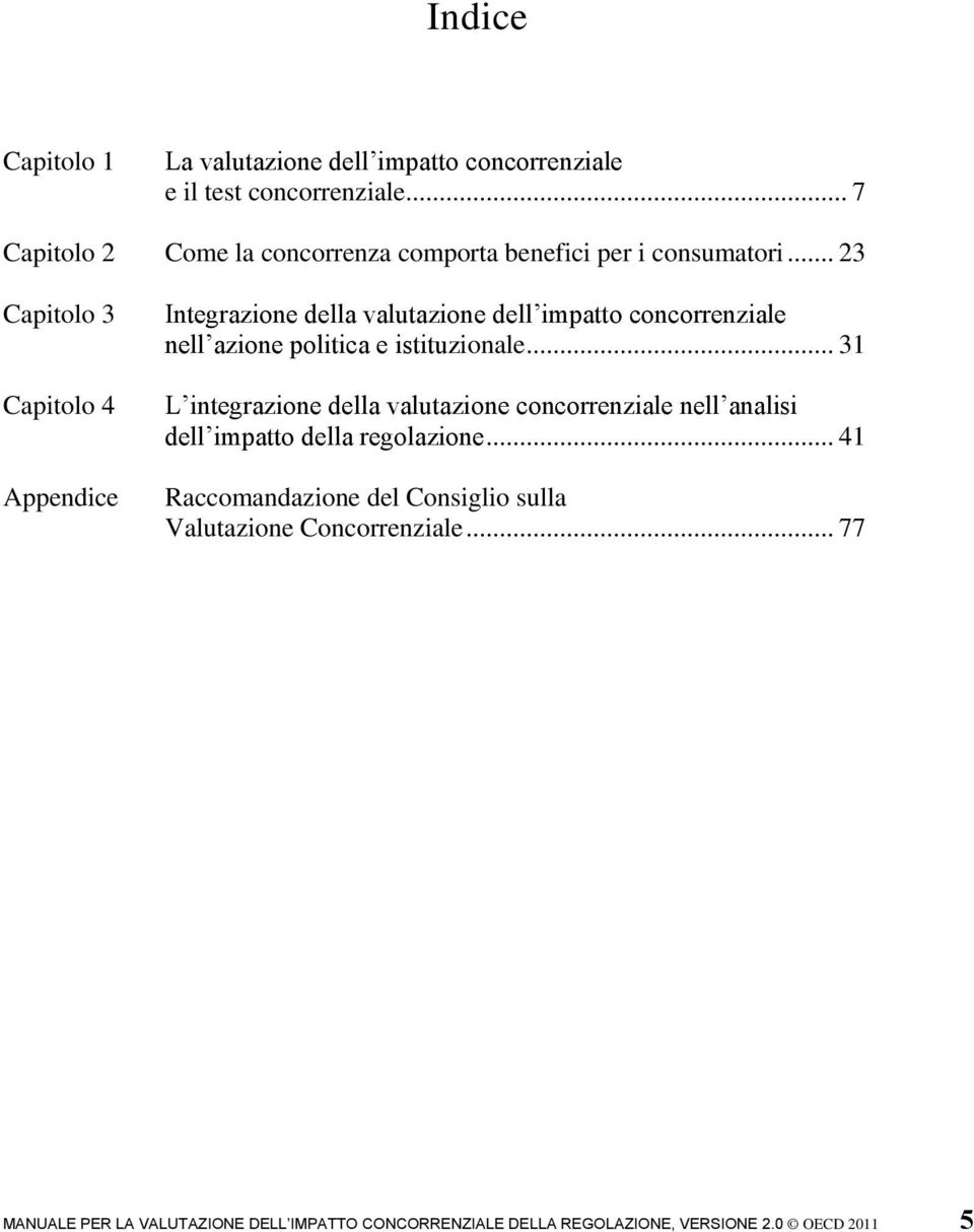 .. 23 Capitolo 3 Capitolo 4 Appendice Integrazione della valutazione dell impatto concorrenziale nell azione politica e istituzionale.