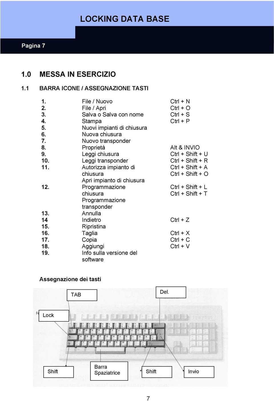 Autorizza impianto di chiusura Apri impianto di chiusura 12. Programmazione chiusura Programmazione transponder Ctrl + Shift + A Ctrl + Shift + O Ctrl + Shift + L Ctrl + Shift + T 13.