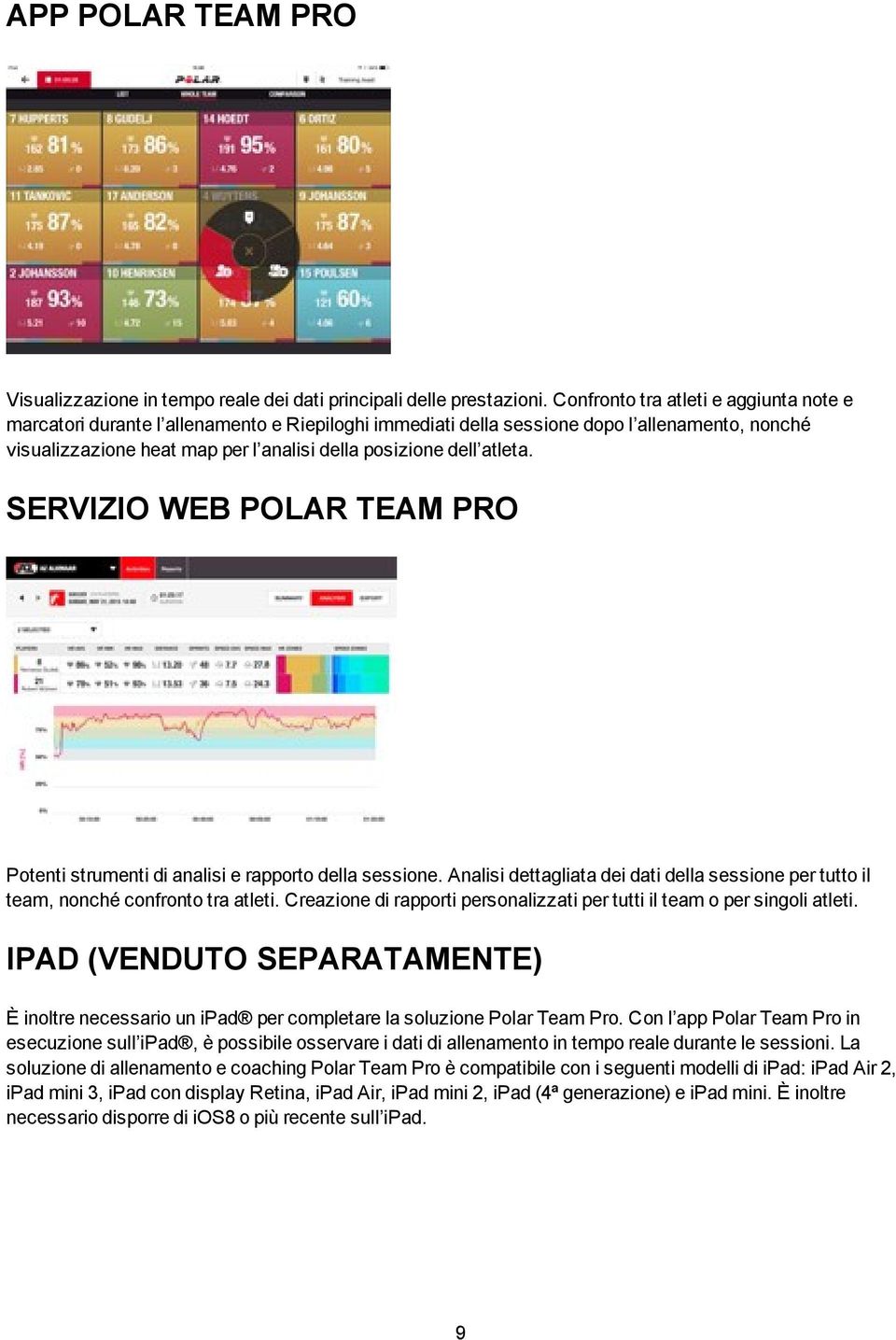 atleta. SERVIZIO WEB POLAR TEAM PRO Potenti strumenti di analisi e rapporto della sessione. Analisi dettagliata dei dati della sessione per tutto il team, nonché confronto tra atleti.