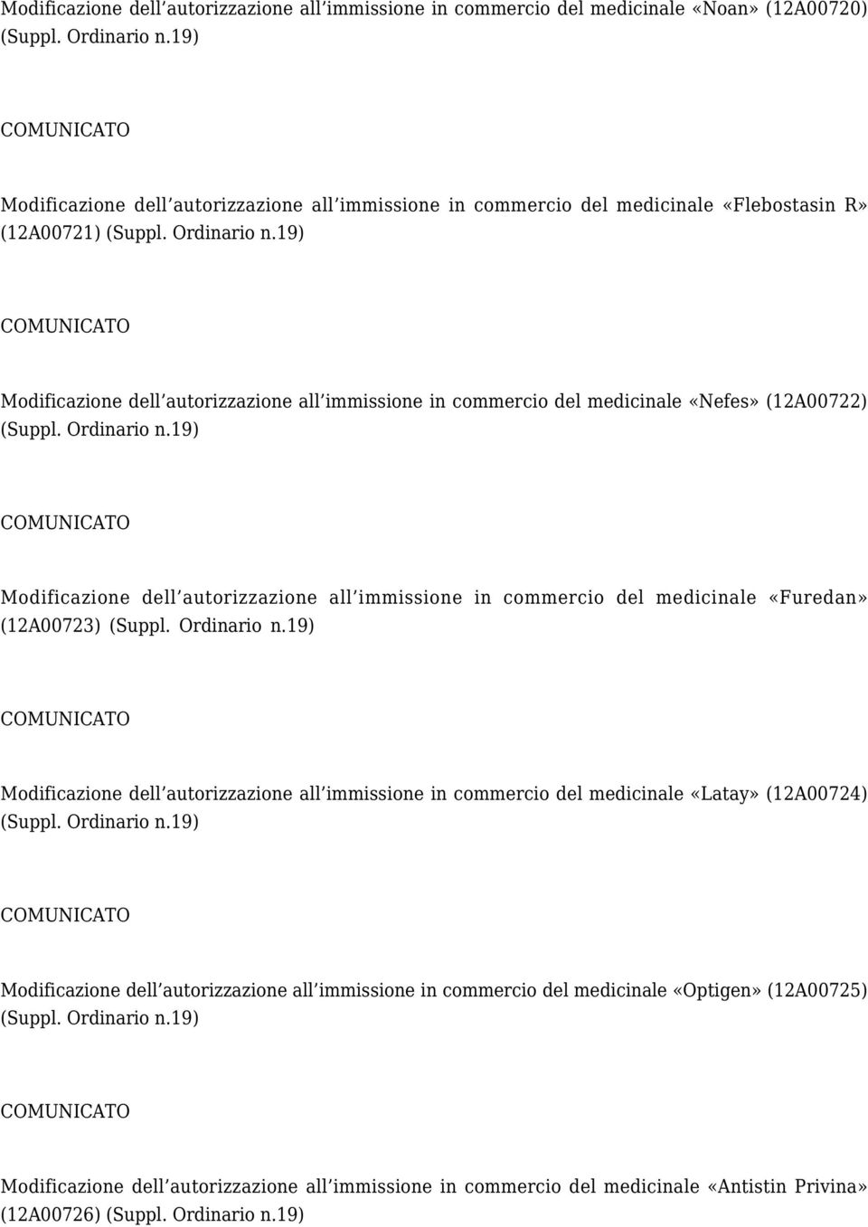 in commercio del medicinale «Furedan» (12A00723) Modificazione dell autorizzazione all immissione in commercio del medicinale «Latay» (12A00724) Modificazione dell