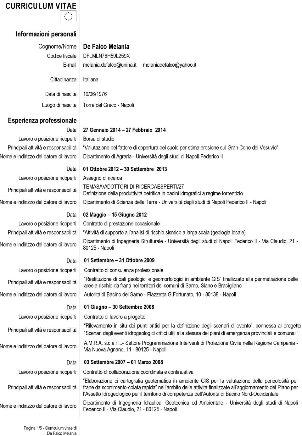 copertura del suolo per stima erosione sul Gran Cono del Vesuvio Dipartimento di Agraria - Università degli studi di Napoli Federico II Data 01 Ottobre 2012 30 Settembre 2013 Assegno di ricerca