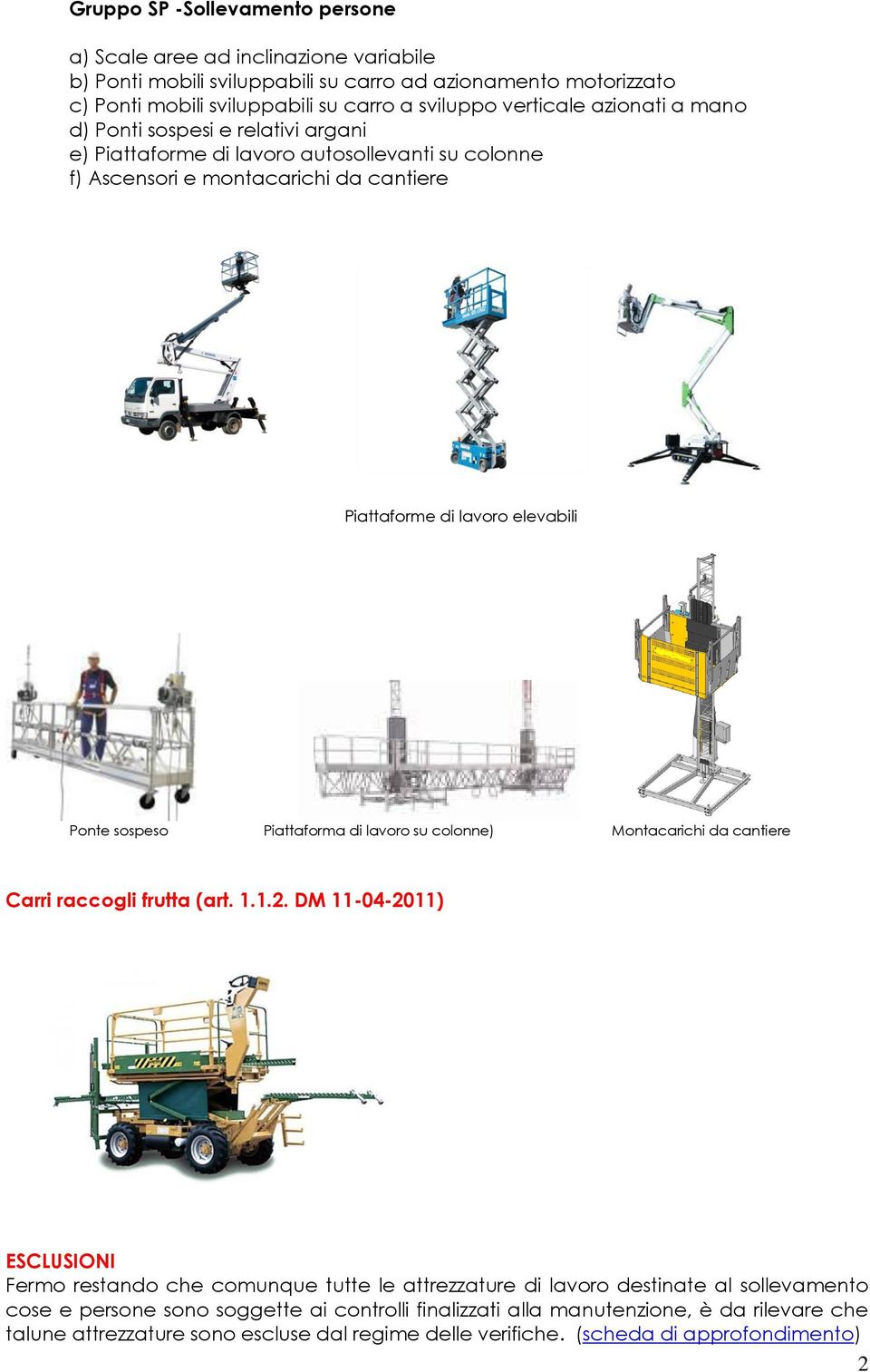sospeso Piattaforma di lavoro su colonne) Montacarichi da cantiere Carri raccogli frutta (art. 1.1.2.