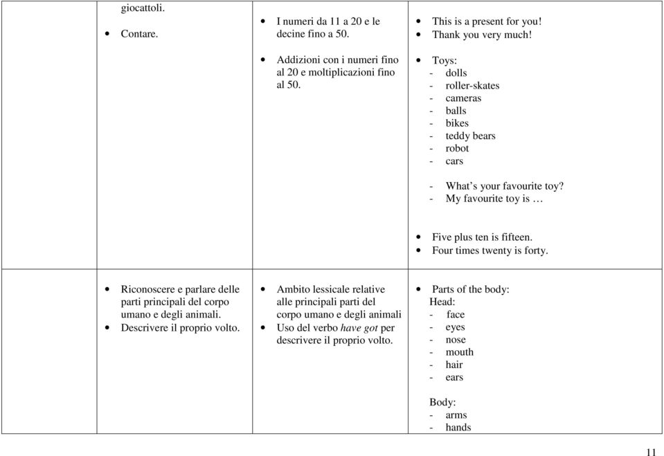 Four times twenty is forty. Riconoscere e parlare delle parti principali del corpo umano e degli animali. Descrivere il proprio volto.