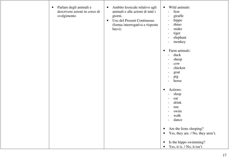 Uso del Present Continuous (forma interrogativa e risposte brevi) Wild animals: - lion - giraffe - hippo - rhino - snake - tiger -