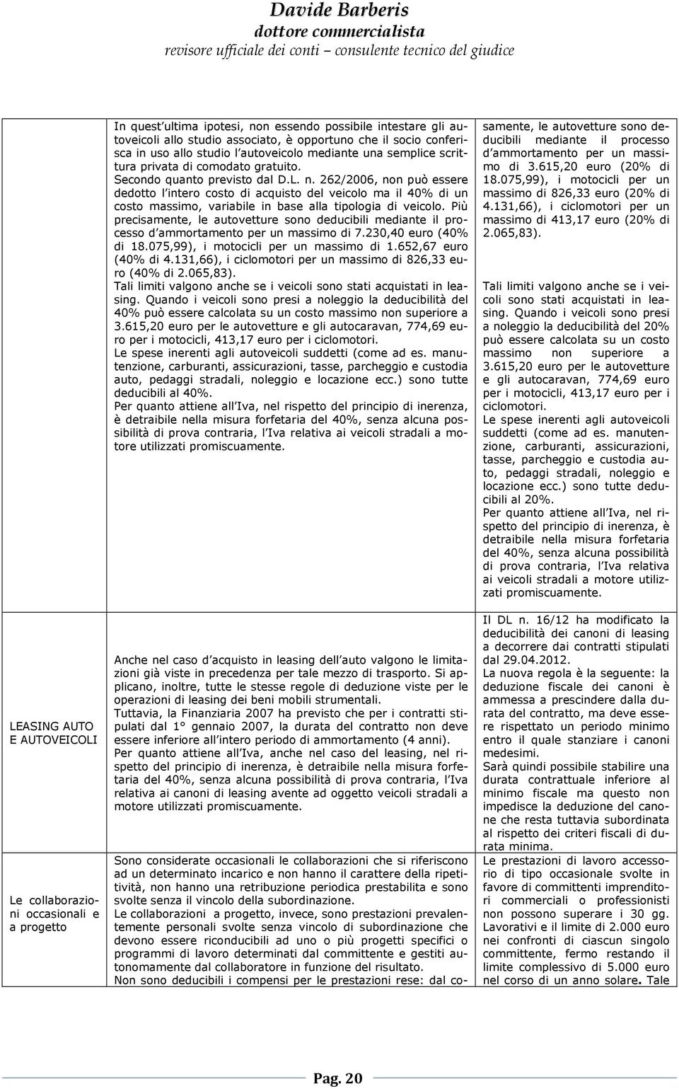 262/2006, non può essere dedotto l intero costo di acquisto del veicolo ma il 40% di un costo massimo, variabile in base alla tipologia di veicolo.