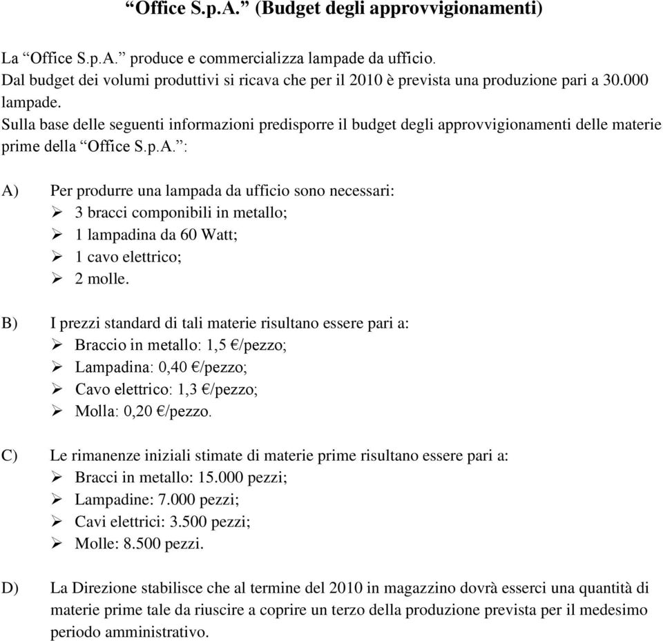 Sulla base delle seguenti informazioni predisporre il budget degli approvvigionamenti delle materie prime della Office S.p.A.